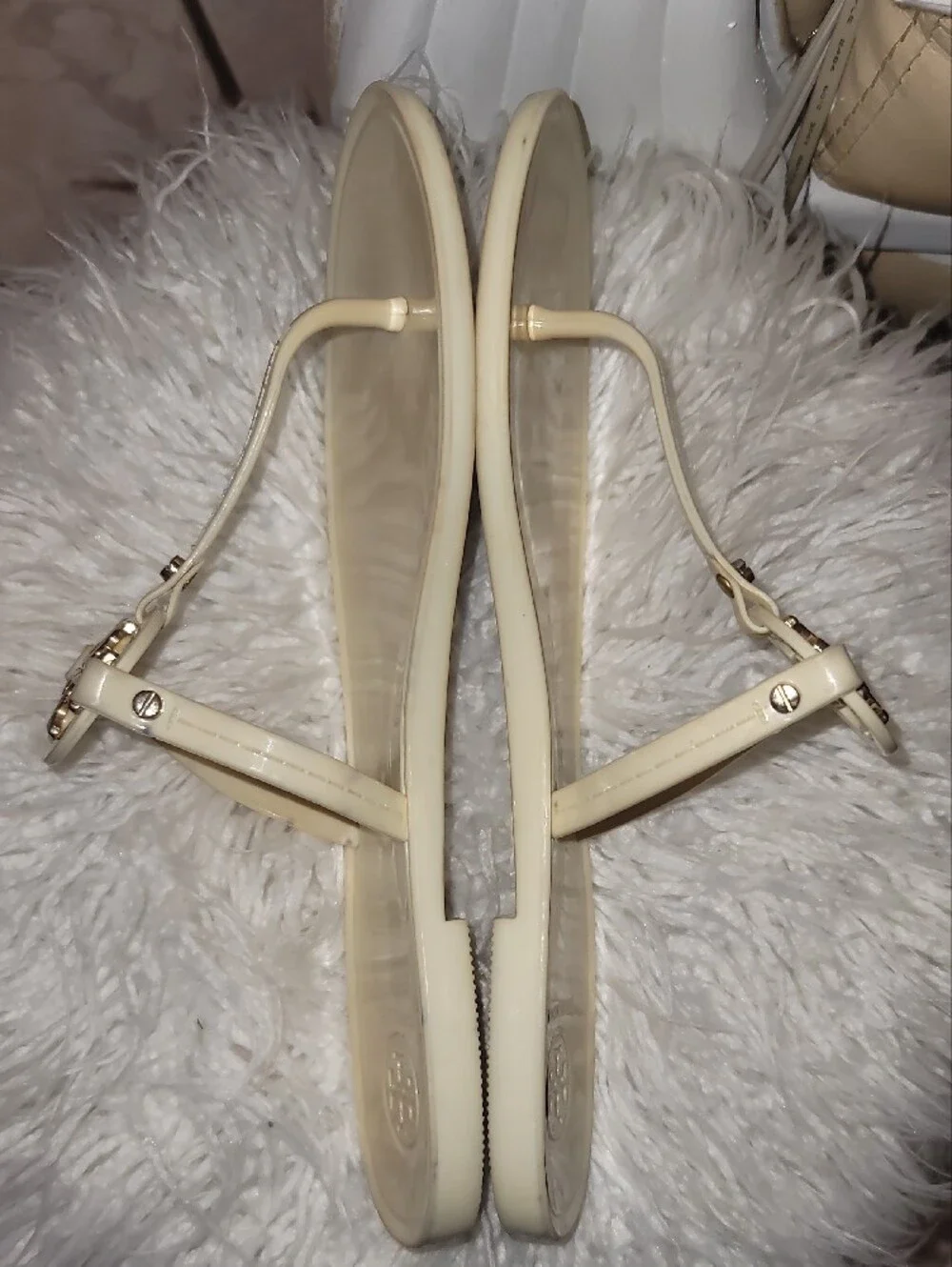 Tory Burch Ivory Logo T-Strap Jelly Sandals with Gold Accent